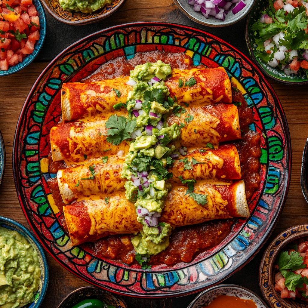 Enchiladas med guacamole og pico de gallo