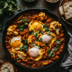 Vegetarisk shakshuka med blomkål og karamelliseret hvidkål