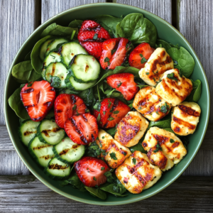 Sommersalat med Jordbær, Spinat, Avocado og Grillet Halloumi